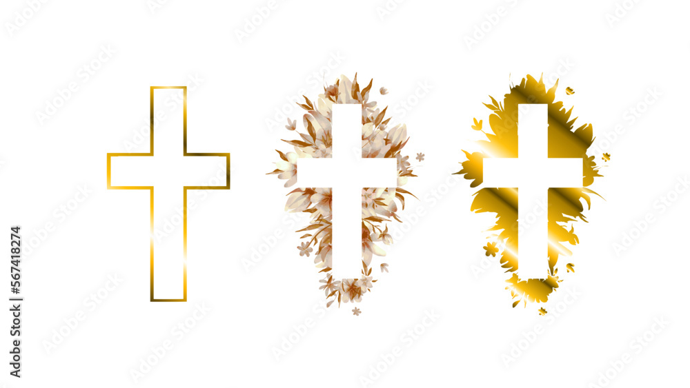 Fototapeta premium vector Watercolour hand drawn Floral Cross Clipart, Easter Religious white and golden lily flower illustration, Baptism Crosses golden cross, Holy Spirit golden frames set, wedding, Easter,