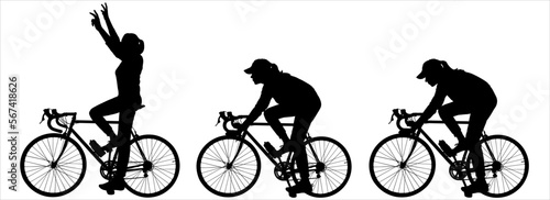 Cycling victory. First at the finish line. The girl raised her hands in joy. Success in sports. Side view, profile. Girls on bicycles. Women compete in cycling. Black silhouettes isolated on white