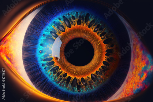 Close up of a human eye. vivid colors with lots of detail. Universe, iris, and pupil in the eye. Conceptual artwork that is photorealistic and uses cinematic lighting as a backdrop or wallpaper