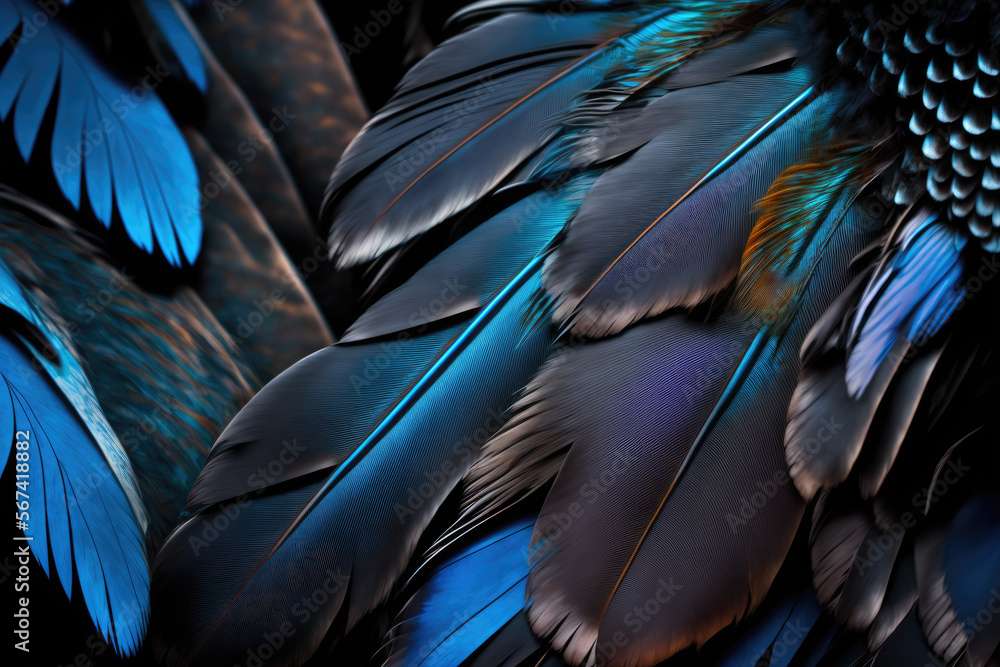 Fototapeta premium a closeup of black - blue feathers. Generative AI