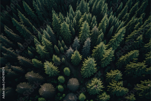 a dense pine forest. drone shot. Generative AI