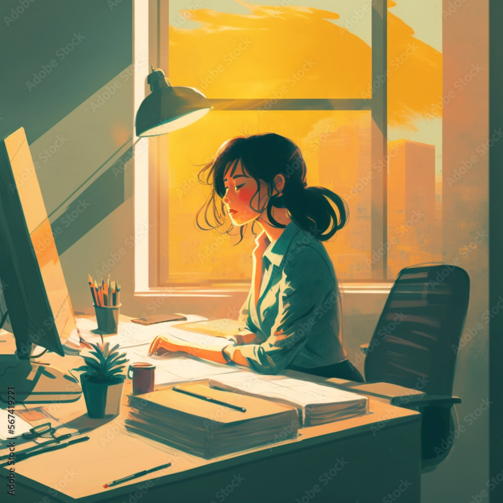 Woman sitting and working in the office. painting Woman sitting and working in the office. painting