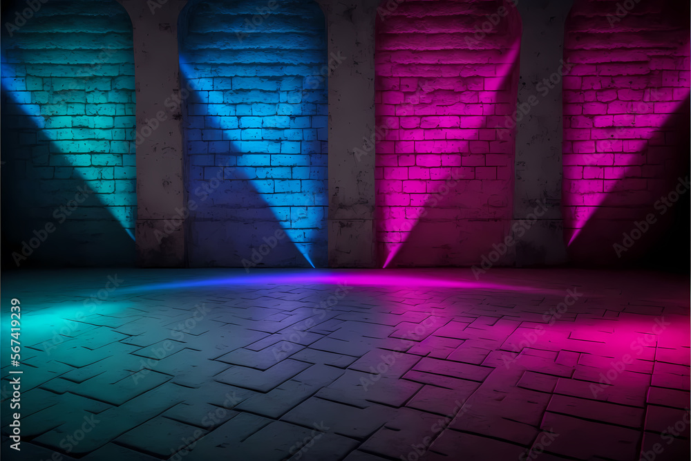 neon laser lights on medieval brick showroom. Generative AI