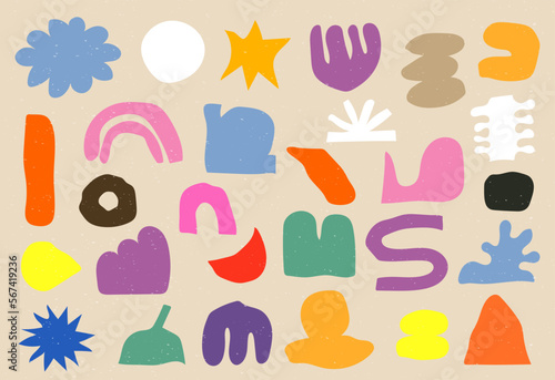 Big set of colorful geometric shapes in trendy riso graph print texture style.