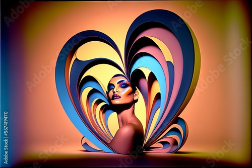 A woman made up inside a heart with lots of gradient colors. Valentine's Day. Generated by AI