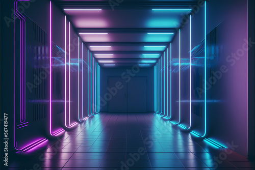 abstract futuristic tunnel with neon lights. Generative AI