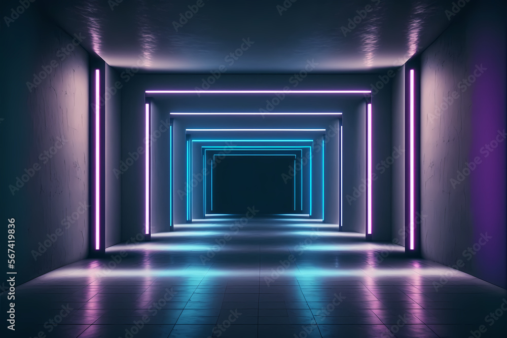 abstract futuristic tunnel with neon lights. Generative AI