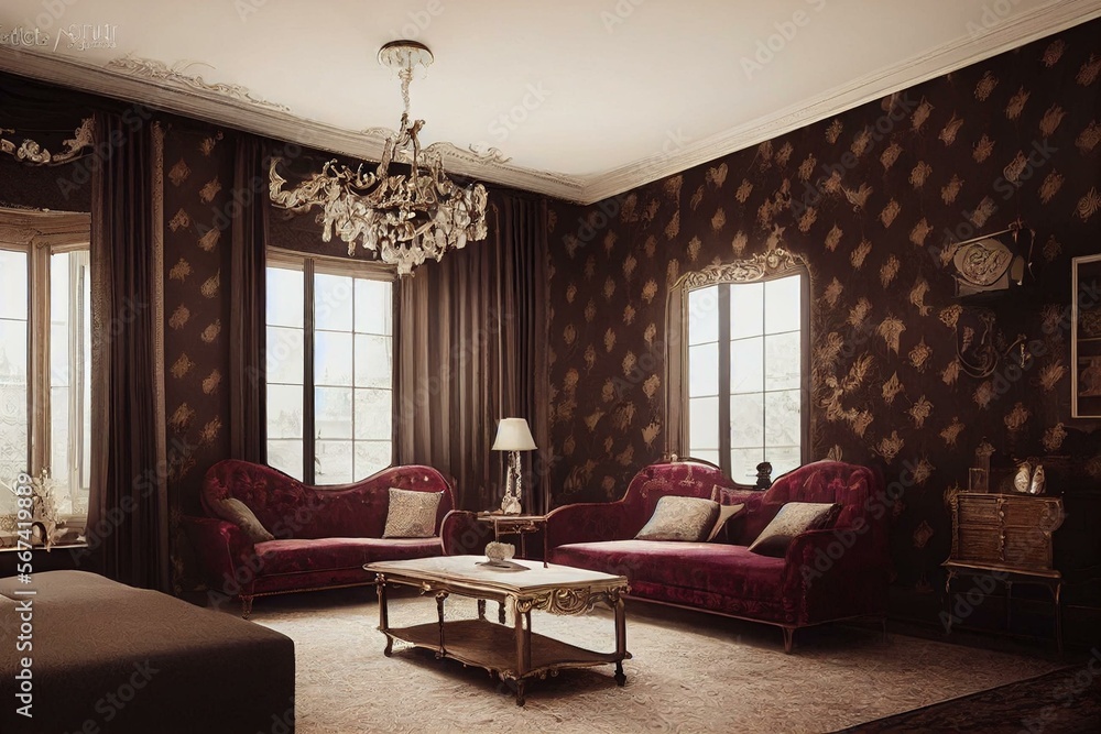 Vintage luxury living room interior design with retro style furniture