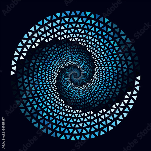 Blue color triangles in circle spiral as background or icon, logo, tattoo. Mosaic Yin and yang symbol.