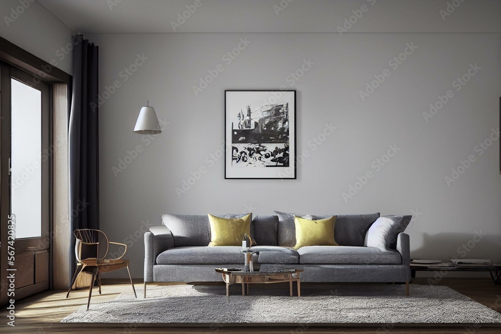 Light living room interior with bookshelf and furniture, poster on the ...