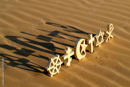 Religious symbols of Catholicism, Islam, Judaism, Orthodoxy, Protestant, Buddhism and Hinduism, interreligious spirituality concept, United Arab Emirates, Middle East