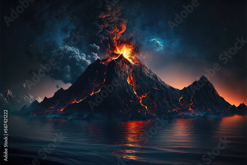 a violent volcanic explosion at night in the middle of an island. Generative AI