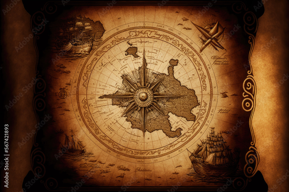 an old pirate map with a compass in the middle. Generative AI