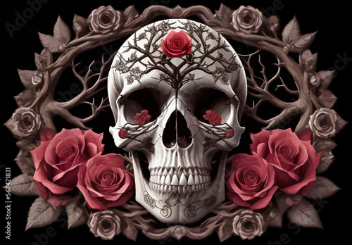 Skull and roses vector illustration. Dark fantasy.