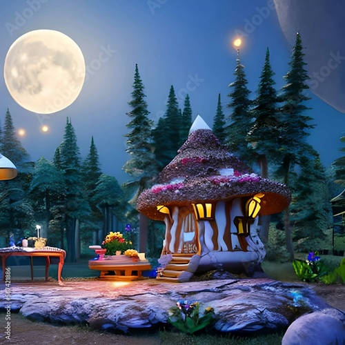 Magical and Whimsical Fantasy Mushroom House Surrounded by Enchanting Forest Under the Moonlight