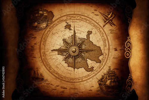 an old pirate map with a compass in the middle. Generative AI