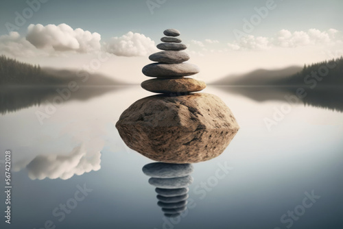 Balance stones on water  pebbles stack  zen and spa concept. Generative AI
