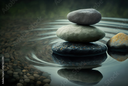 Balance stones on water, pebbles stack, zen and spa concept. Generative AI