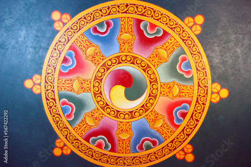 Dharma Wheel (Dharmachakra), the Buddhist eight-fold path illustrated in a wheel, Ba Vang Buddhist Temple, Uong Bi, Vietnam, Indochina, Southeast Asia, Asia