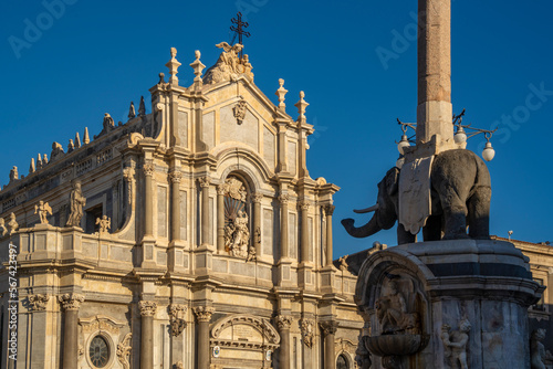 View of Duomo di Sant'Agata and Fountain of the Elephant, Piazza Duomo, Catania, Sicily, Italy, Mediterranean, Europe photo