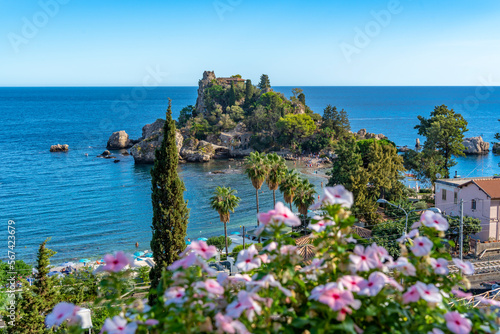 View of Isola Bella and beach on sunny day, Mazzaro, Taormina, Sicily, Italy, Mediterranean, Europe photo