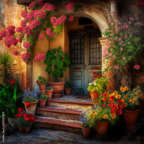 charming house with colorful plants and flowers at the entrance. Generative AI