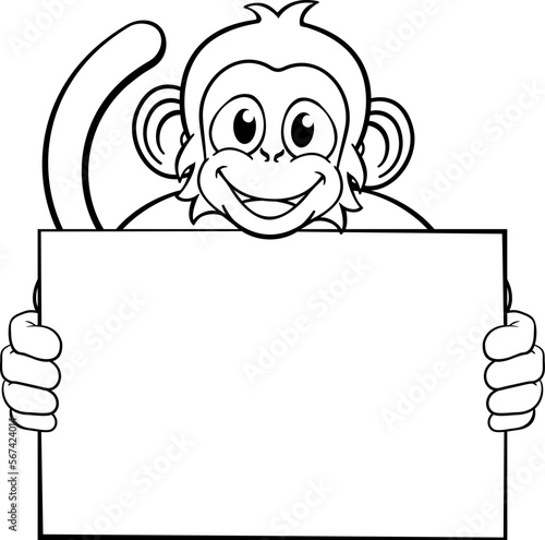 A monkey cute happy cartoon character animal holding a blank sign with copy-space