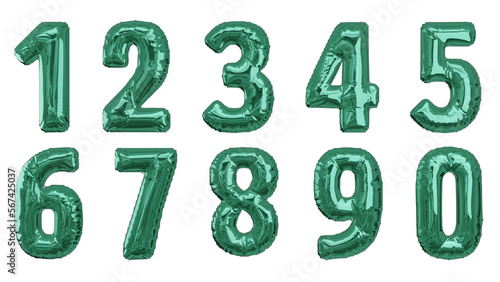 Balões numéricos um dois três quatro cinco seis sete oito nove zero na cor verde azulado sem fundo