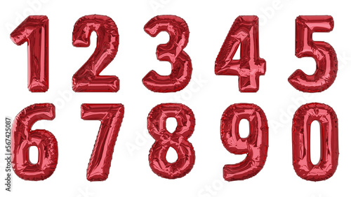 Balões numéricos um dois três quatro cinco seis sete oito nove zero na cor vermelha sem fundo  photo