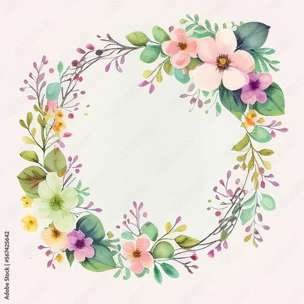 Floral frame illustration. Flower Wreath. Watercolor background with flowers, leaves, twigs. Graphic design for wedding, invitation card. Blooming template. Pastel colors. Generative AI.