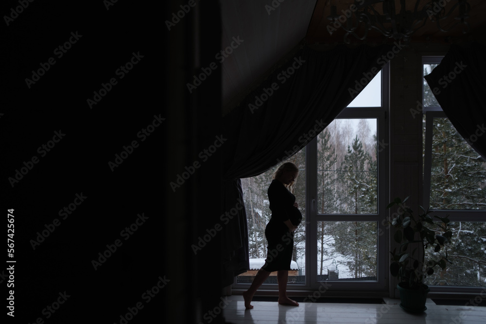 The Silhouette of Pregnant woman standing against the window