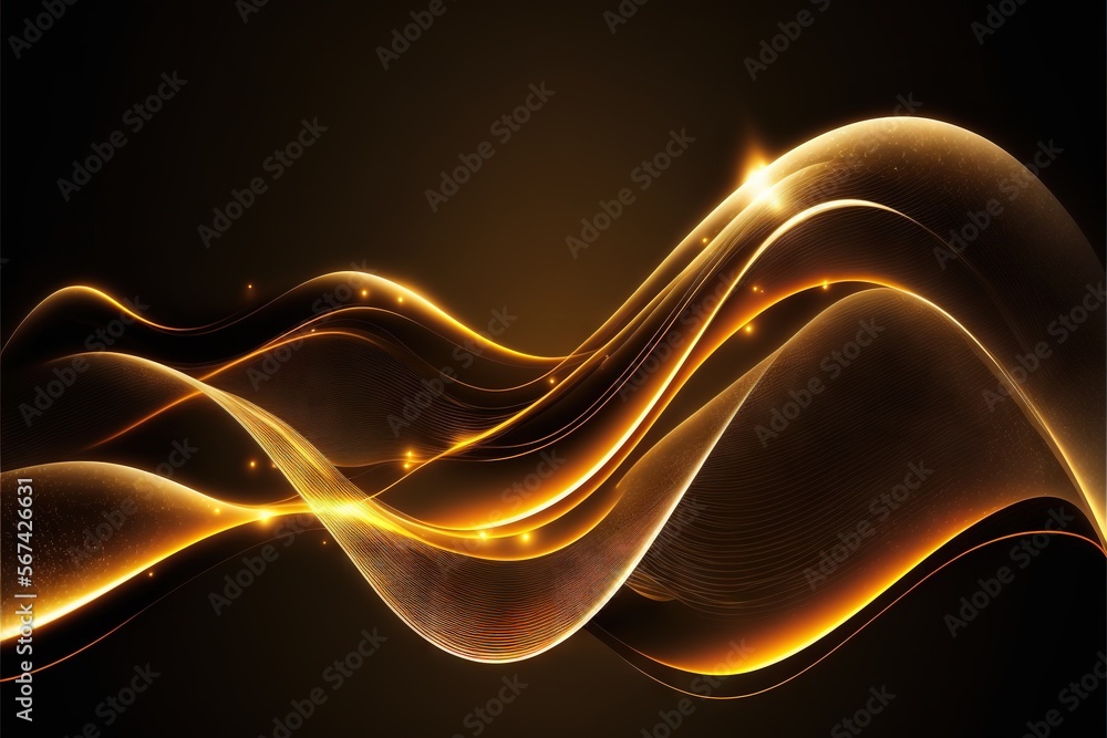 an abstract golden wave on a black background with light streaks and a ...