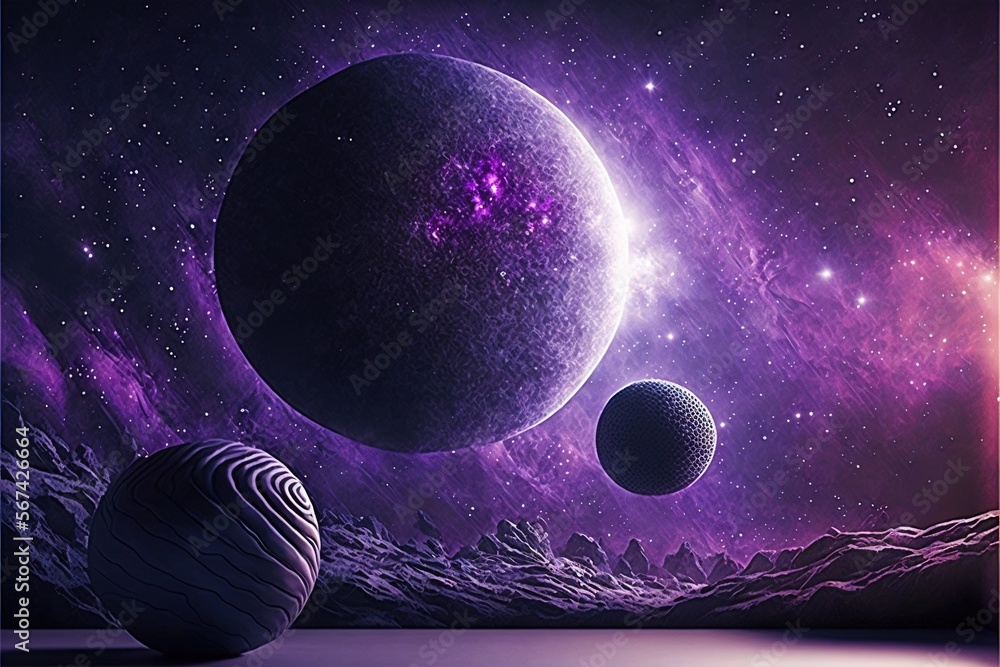 a painting of two planets in a purple space with mountains and stars in ...