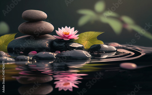 Zen pebbles stack and water reflection. Balance stones on water  meditation and spa concept. Generative AI