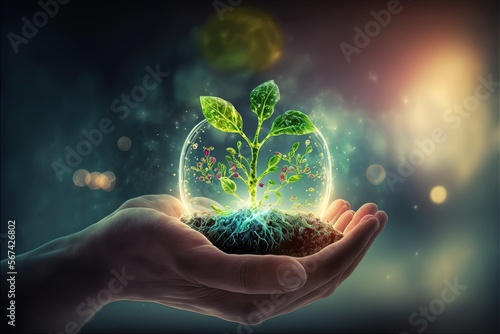  a person holding a plant in a glass bowl with water and plants inside of it, with a boke of light shining on the background.  generative ai photo