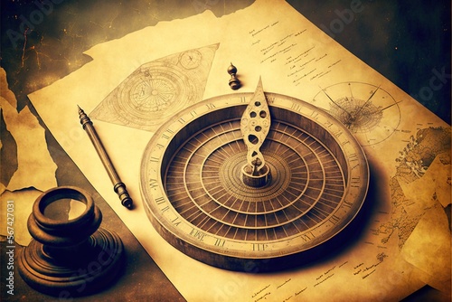 A sundial sitting on top of a piece of paper next to a pen