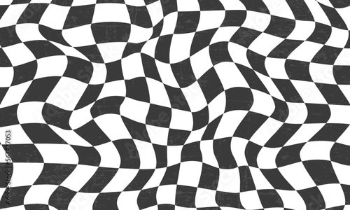 checkerboard background in black and white colors, retro groovy wavy psychedelic checkerboard pattern. vector illustration