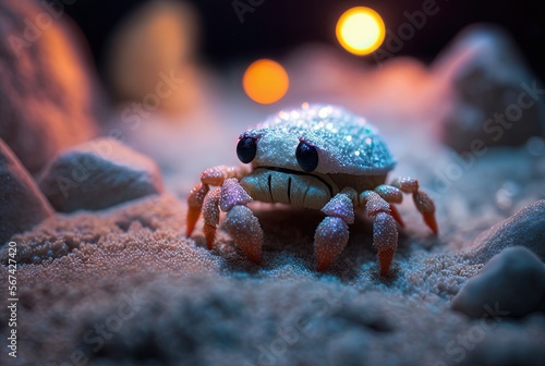 cute crab on sand with bokeh light, Generative Ai