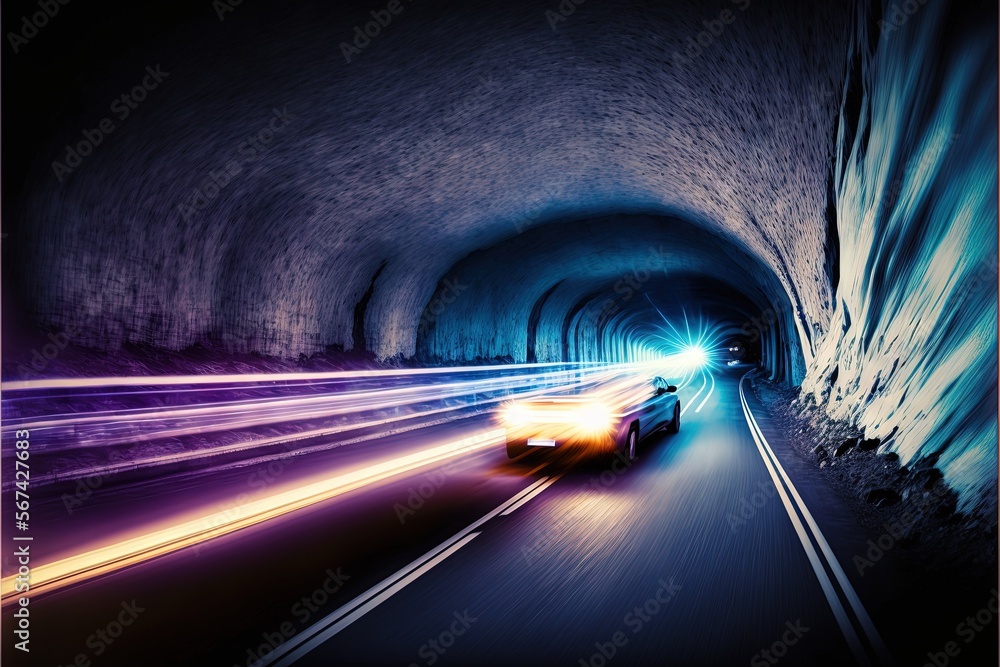  a car driving through a tunnel with a bright light at the end of the tunnel and a car driving through the tunnel at the end of the tunnel.  generative ai - obrazy, fototapety, plakaty 