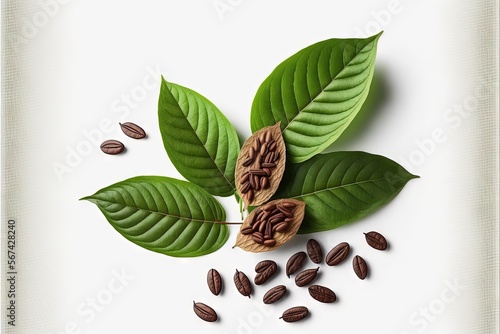  some leaves and nuts on a white background with a white border around them and a white background with a white border around the edges and a white border with a white border. Generative AI photo