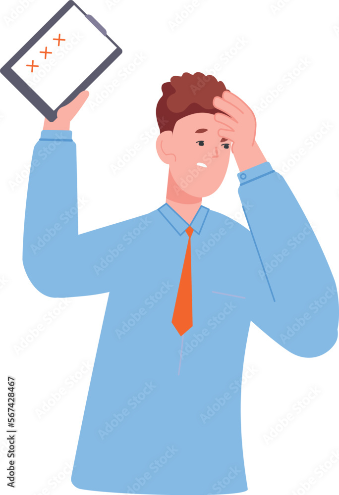 Failing tasks concept. Man hold checklist with red crosses Failing tasks concept. Man hold checklist with red crosses