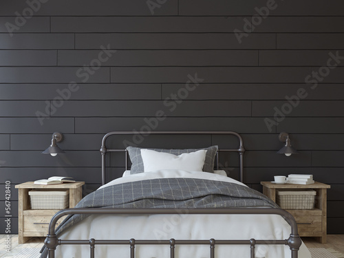 Modern farmhouse bedroom. 3d render.