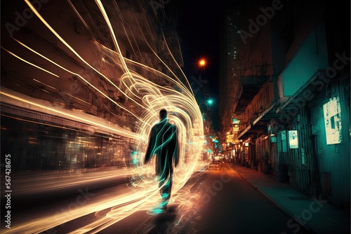 Tableau sur toile a man walking down a street at night with a blurry image of his body in the foreground and a building in the background