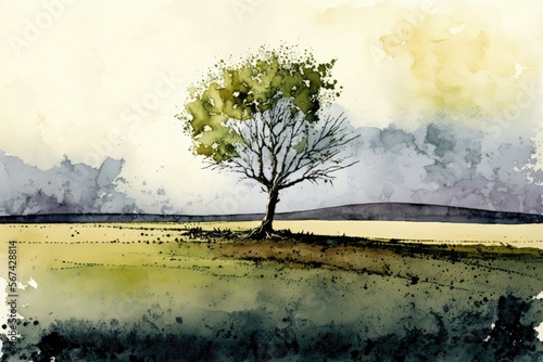 Lonely tree stands in a field watercolor painting. Symbolizing feelings of isolation. Generative AI © Kanisorn
