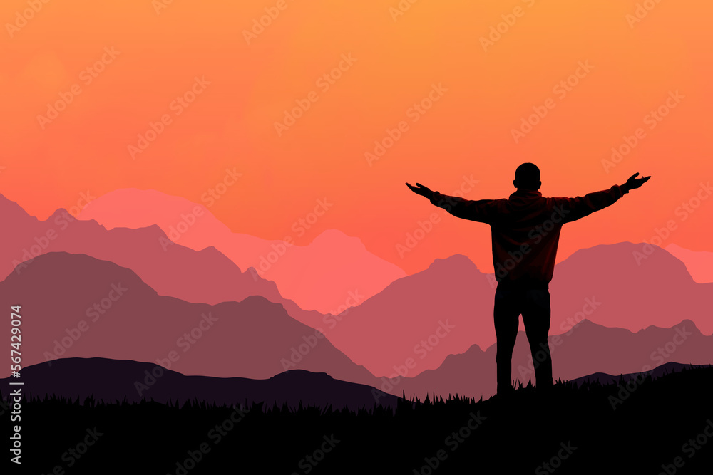 Winner person standing on mountain peak cheering with epic view. Freedom and personal success concept. Winner, conquer, mission accomplished concept. Vector illustration.