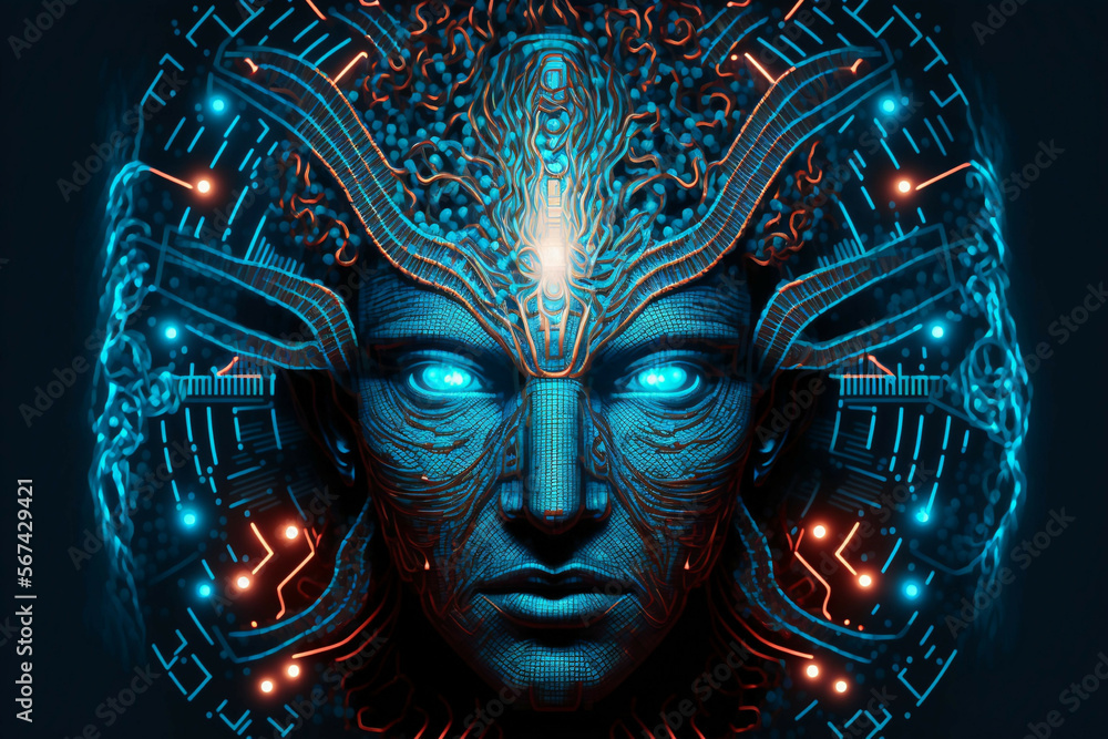 cyber god face installed in complex machinery in virtual space room new quality universal colorful technology stock image illustration design, generative ai cyber god face installed in complex machinery in virtual space room new quality universal colorful technology stock image illustration design, generative ai