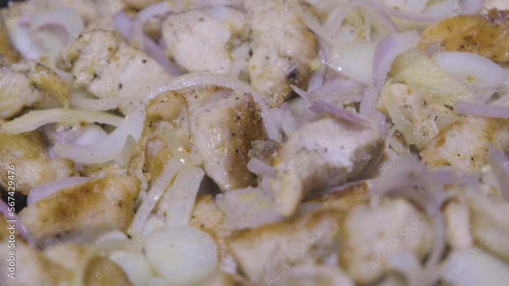 Meat in a pan. Dietary meat in a pan. The chicken is fried in a pan. Meat in a pan. Dietary meat in a pan. The chicken is fried in a pan.
