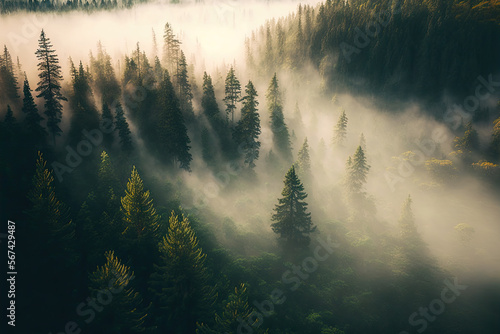landscape with fir trees in the fog. Generative AI © jr-art