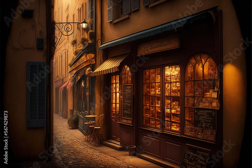 old narrow street in a small town with shops on the sides and lanterns. Generative AI © jr-art