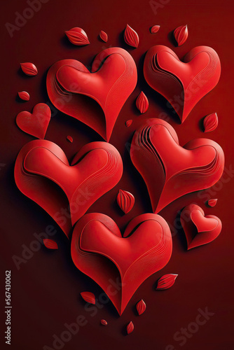 Red hearts on a red background, illustration, vertical, Generative AI